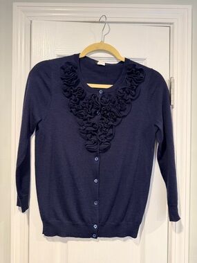 J. Crew Size S Navy Blue Merino Wool Lightweight Ruffle 3/4 Sleeve Cardigan
